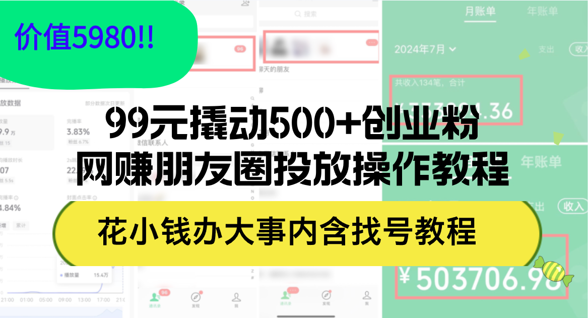 （12431期）99元撬动500+创业粉，网赚朋友圈投放操作教程价值5980！花小钱办大事内…-副创网